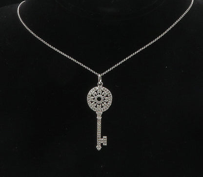 925 Sterling Silver  Genuine Diamonds Floral Key Motif Chain Necklace  NE1892