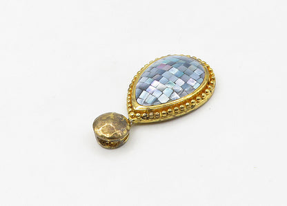 925 Sterling Silver  Vintage Mother Of Pearl Mosaic Tear Drop Pendant  PT17264
