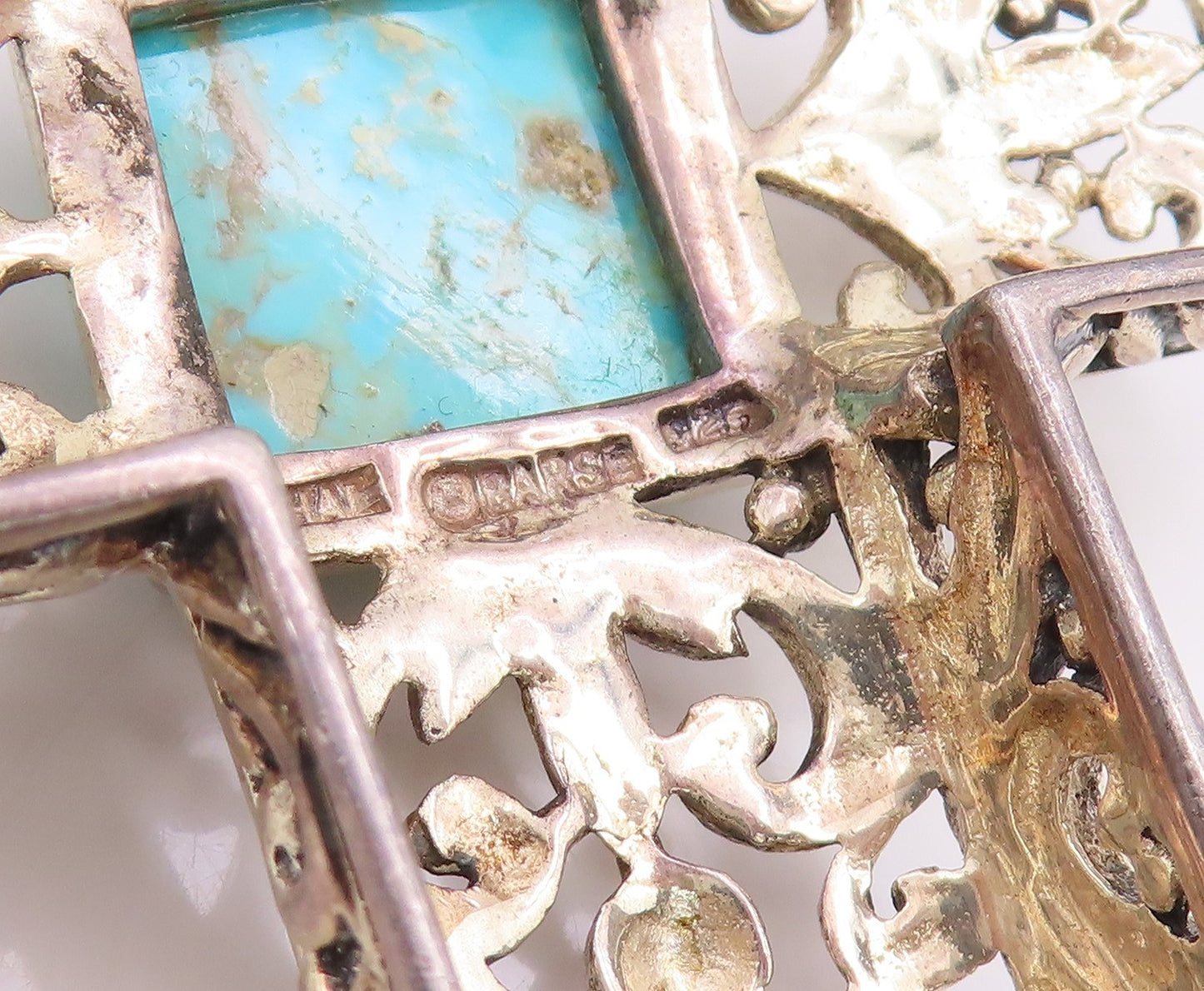925 Sterling Silver Vintage Pendant Turquoise Large Open Floral Cross  PT25693