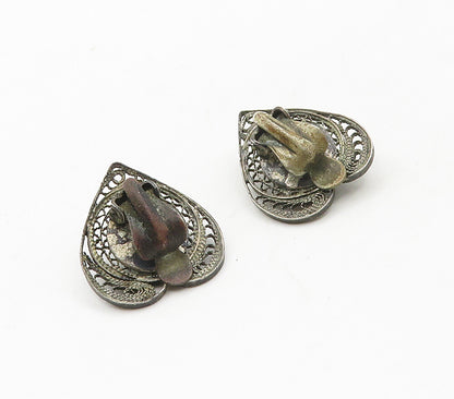 925 Silver Vintage Antique Green Carnelian Heart Non Pierce Earrings EG8039