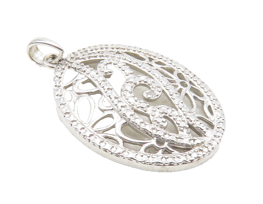 925 Sterling Silver  Genuine Diamond Open Floral Swirl Design Pendant  PT7732