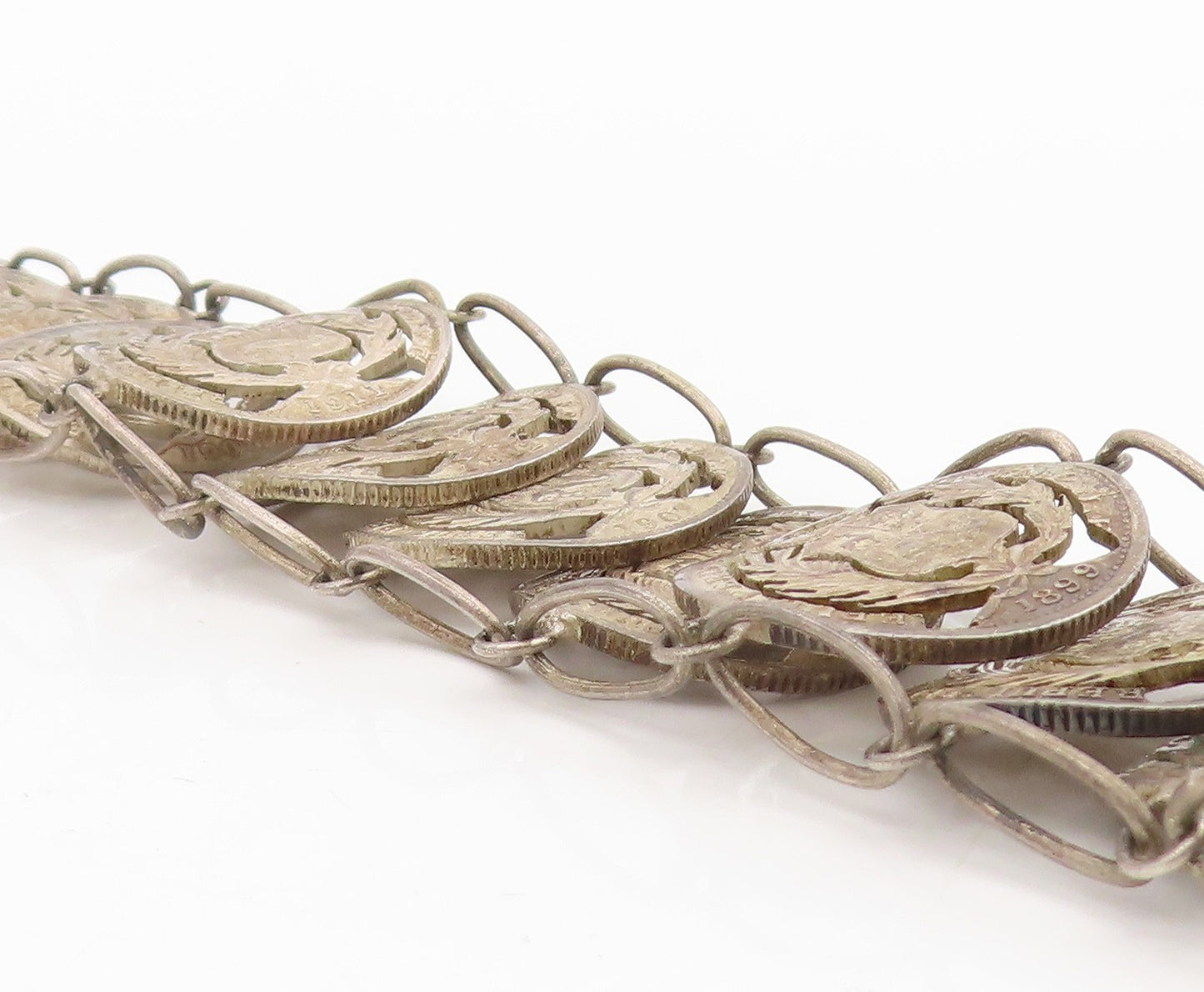 925 Sterling Silver Vintage Bracelet Antique Peruvian Cut Out Coin Link  BT11571