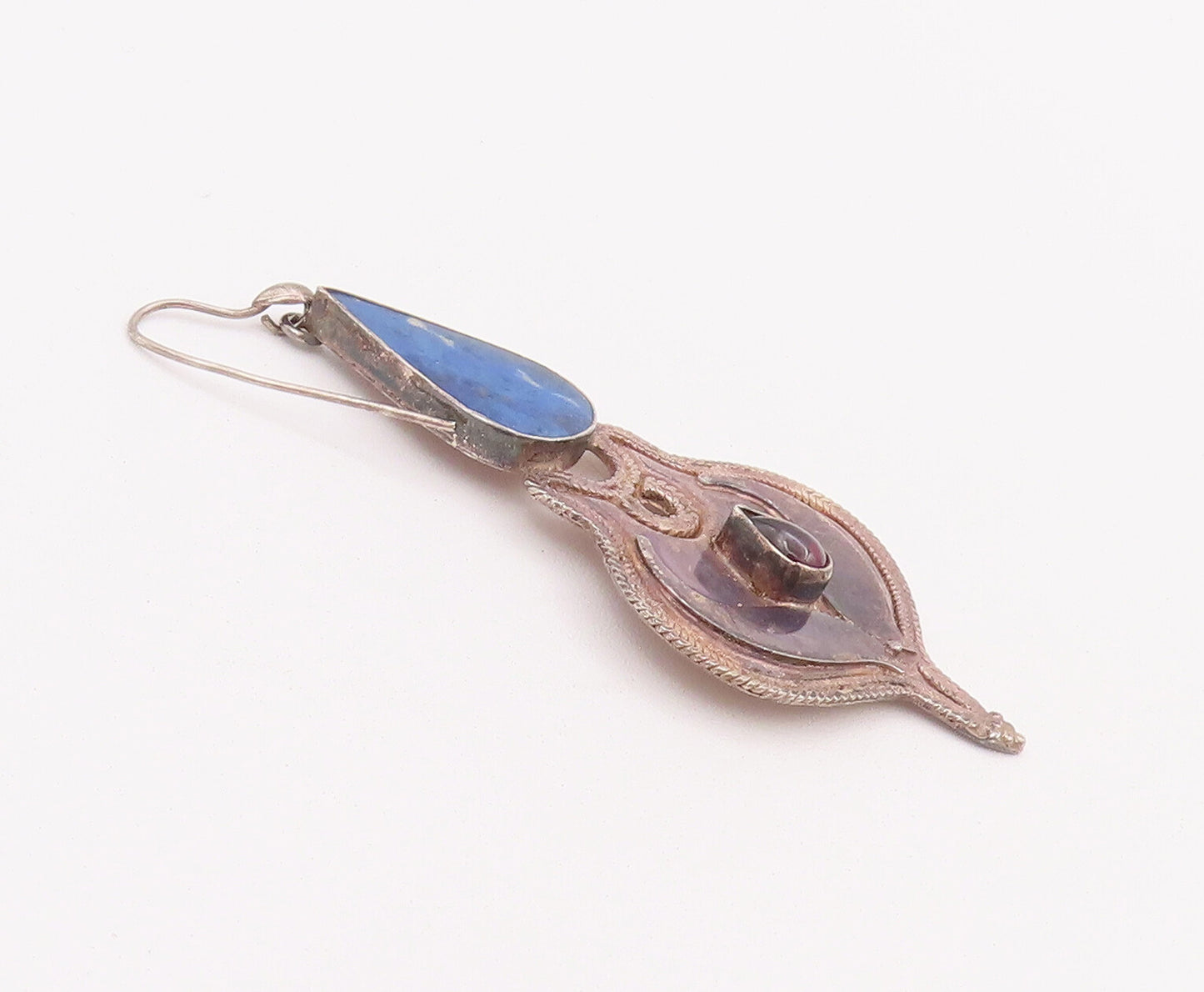925 Sterling Silver Vintage Earrings Antique Lapis Lazuli & Rhodolite EG12915