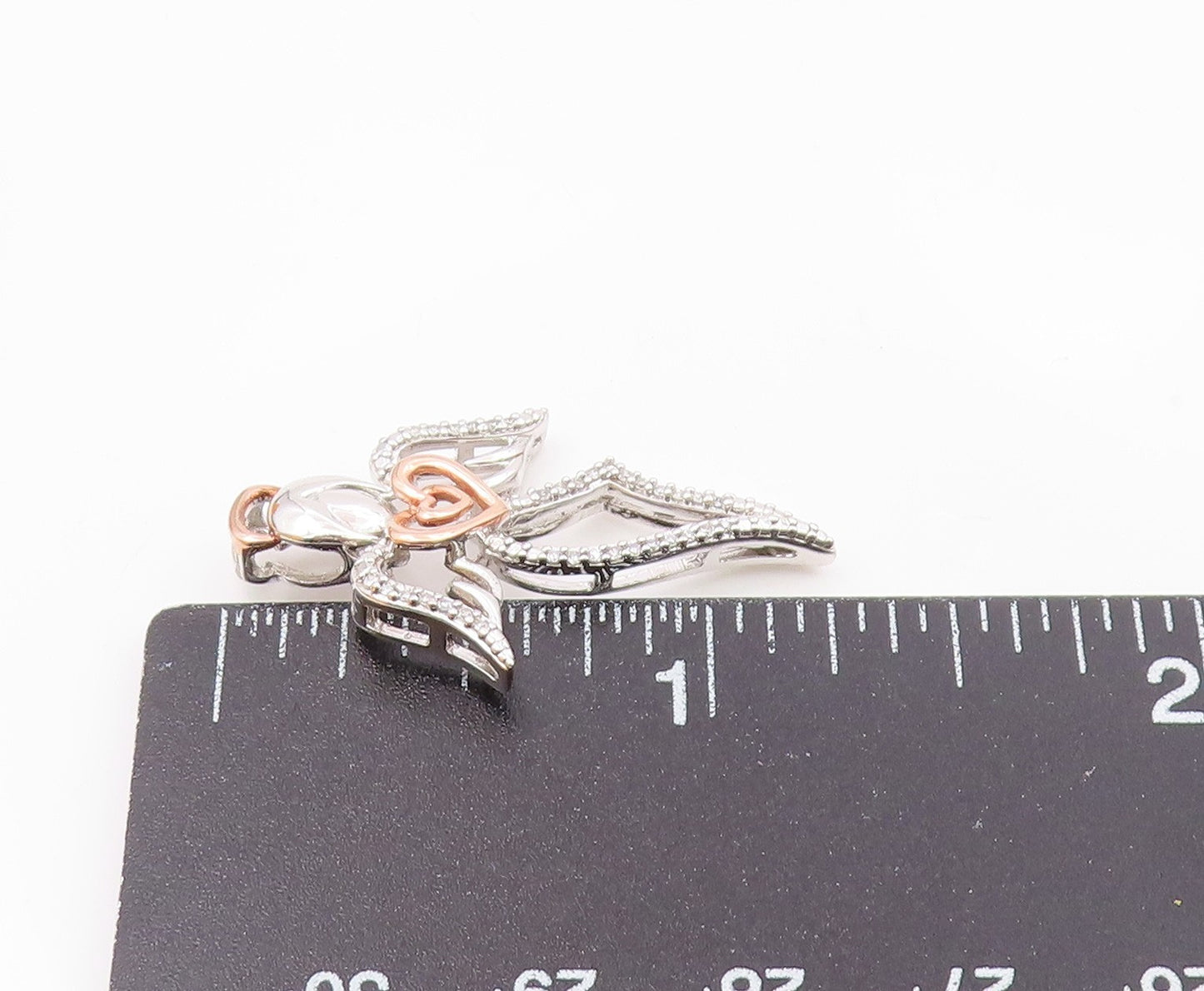 925 Silver  Vintage Two Tone Angel & Heart Genuine Diamonds Pendant  PT21904