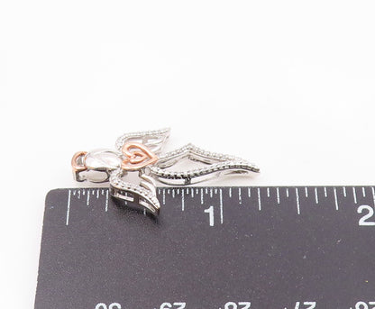 925 Silver  Vintage Two Tone Angel & Heart Genuine Diamonds Pendant  PT21904