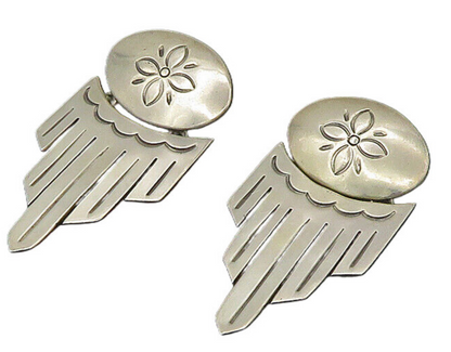 925 Sterling Silver  Vintage Shiny Etched Flower Motif Drop Earrings  EG10967