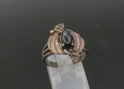 925 Sterling Silver  Vintage Black Onyx Floral Motif Band Ring Sz 6.5  RG21212