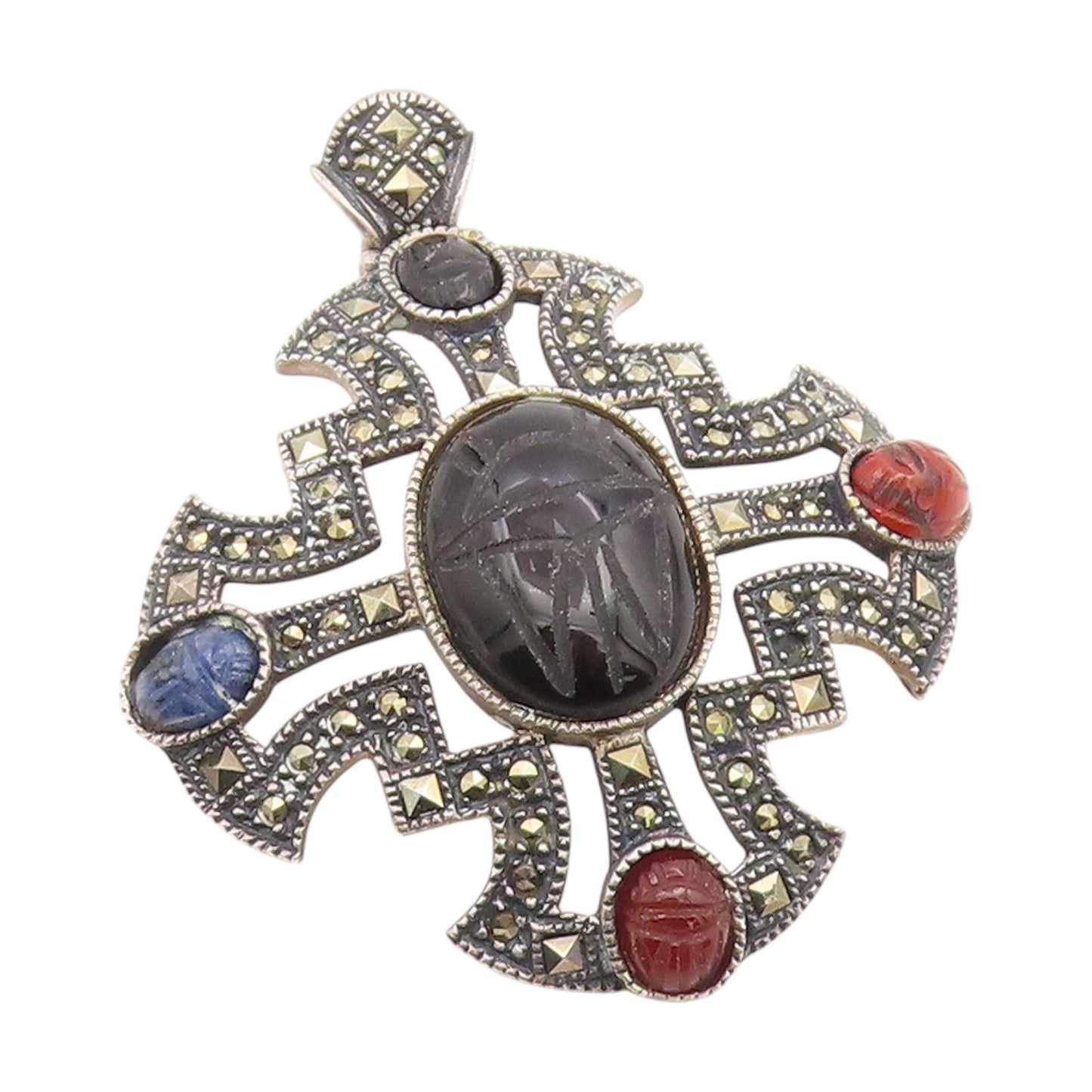 925 Sterling Silver Vintage Pendant JUDITH JACK Carved Scarab Gemstone  PT25901