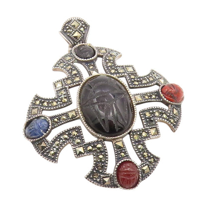 925 Sterling Silver Vintage Pendant JUDITH JACK Carved Scarab Gemstone  PT25901