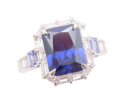 925 Sterling Silver Vintage Ring Rectangle Sapphire Halo CZ Frame  Sz 7  RG30347