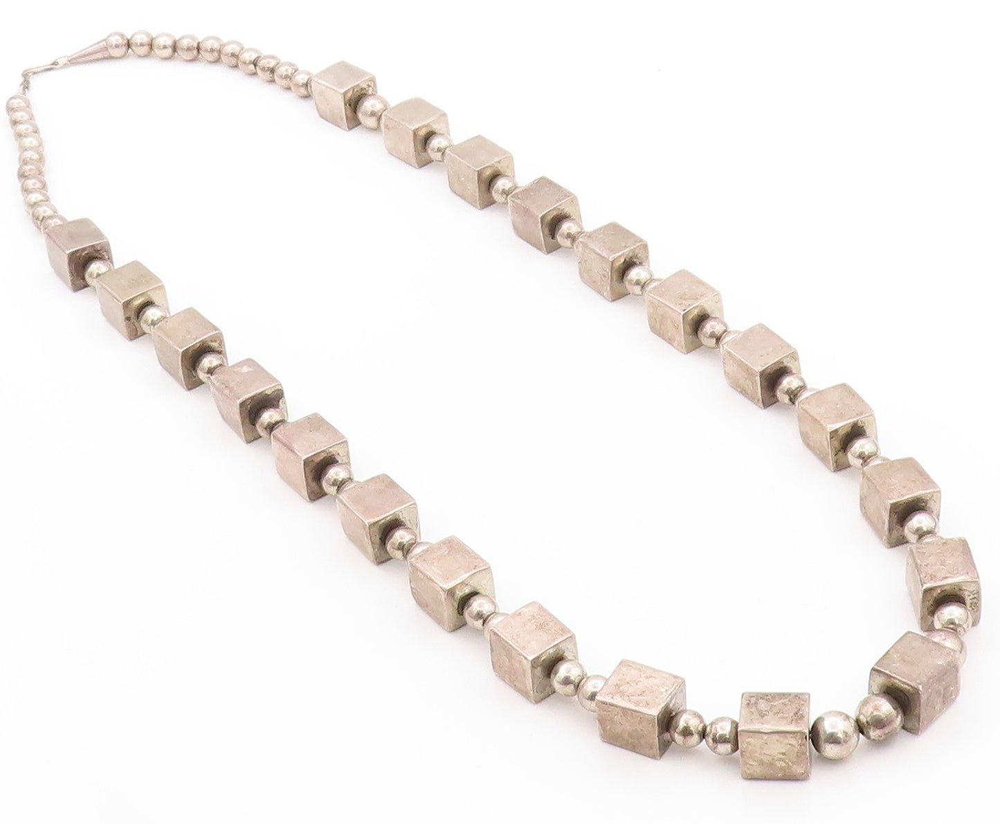 925 Sterling Silver Vintage Necklace Dark Tone Spheres & Cubes Chain  NE4545