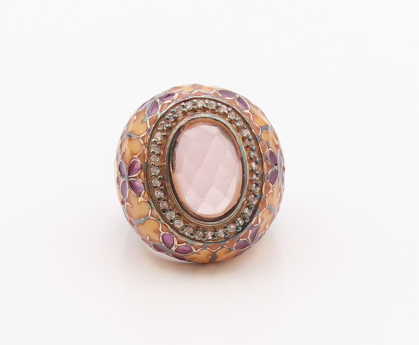 925 Sterling Silver Vintage Ring Floral Enamel Rose Quartz Band  Sz 8.5  RG36384