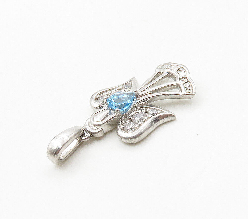 925 Sterling Silver  Shiny Blue Topaz & Cubic Zirconia Angel Pendant  PT12454