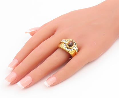 925 Sterling Silver Vintage Ring Gold Plated Tiger's Eye & CZ Band Sz 10 RG36127