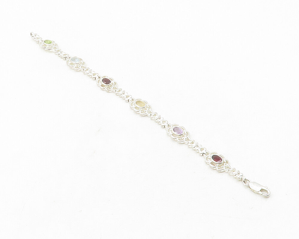 925 Sterling Silver  Peridot Amethyst Garnet & Topaz Chain Bracelet  BT4749