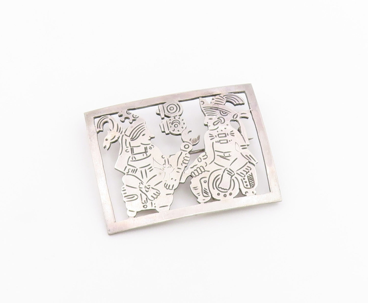 925 Sterling Silver  Vintage Etched Traditional Figures Brooch Pin  BP4053
