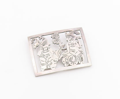 925 Sterling Silver  Vintage Etched Traditional Figures Brooch Pin  BP4053