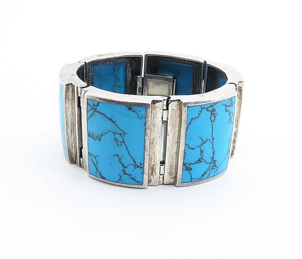 925 Sterling Silver  Vintage Turquoise Square Hinge Chain Bracelet  BT2240