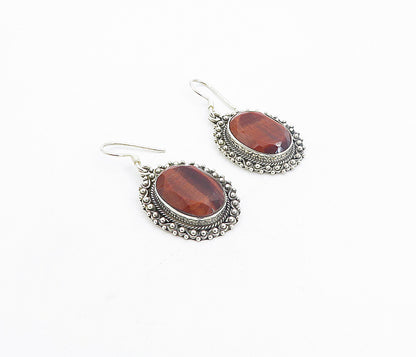 925 Sterling Silver  Vintage Faceted Red Tiger's Eye Dangle Earrings  EG3762