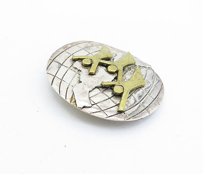 MEXICO 925 Sterling Silver  Vintage Two Tone Globe & People Brooch Pin  BP2387