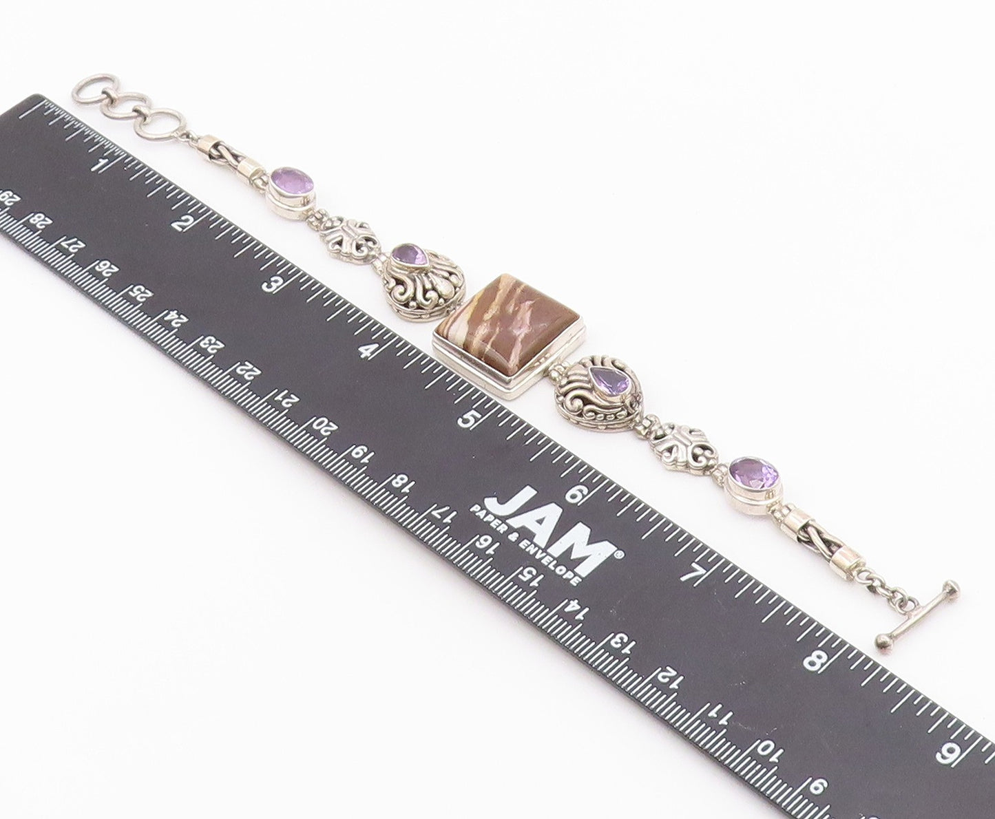 925 Sterling Silver  Vintage Brown Jasper & Amethyst Chain Bracelet  BT3896