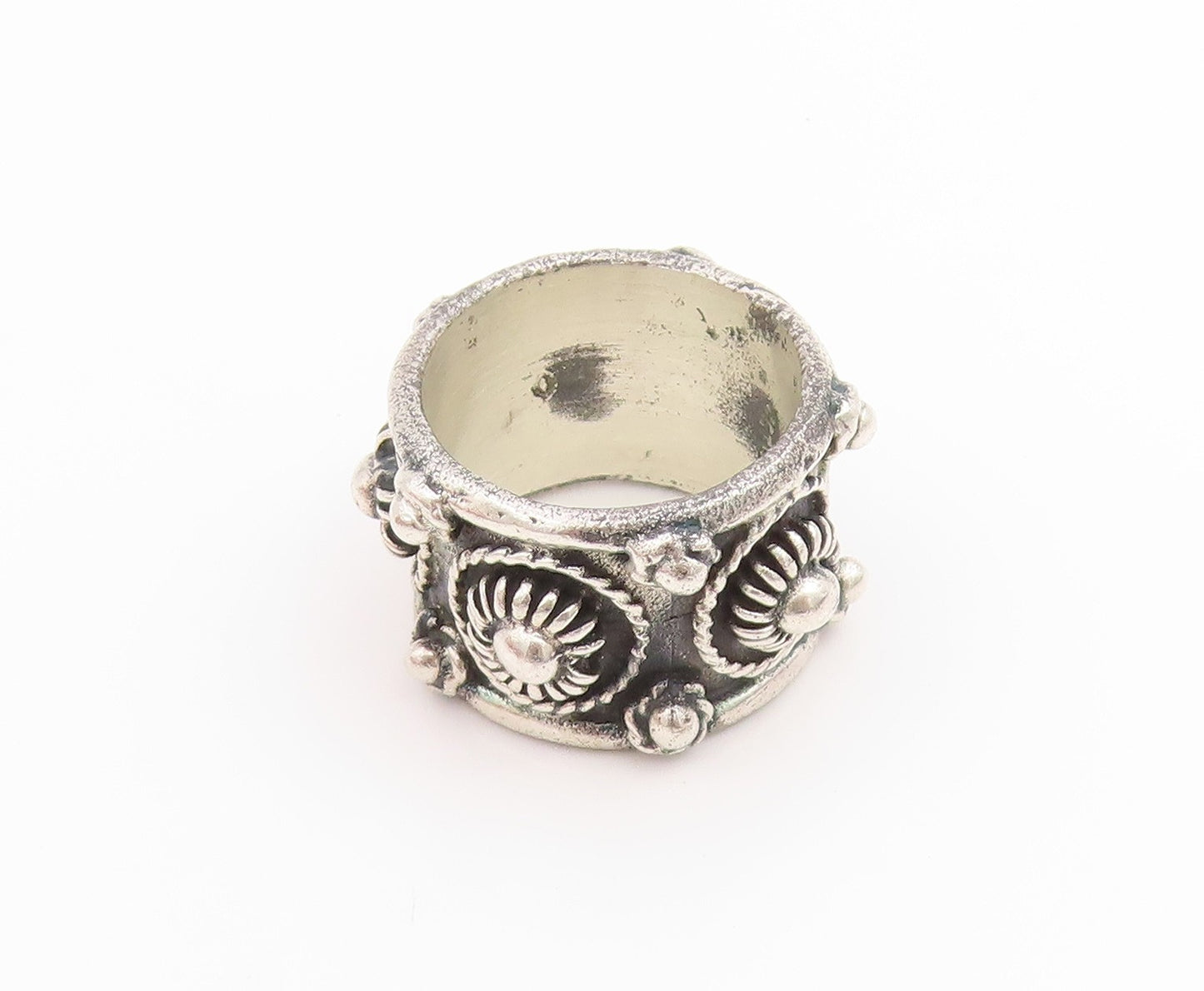 925 Sterling Silver Vintage Ring Beaded Floral Motif Wide Band  Sz 5  RG33769