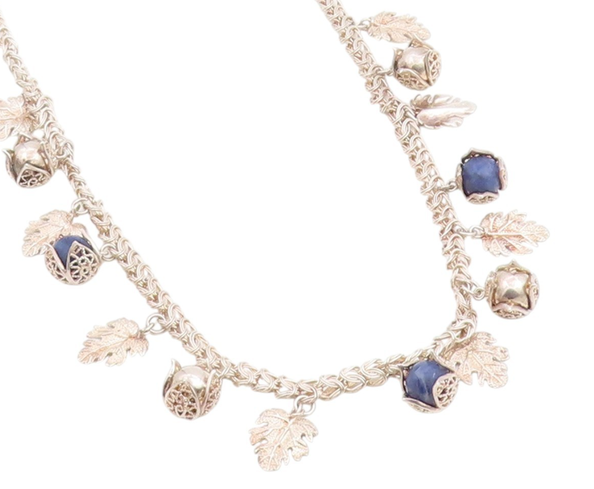 925 Sterling Silver Vintage Necklace Lapis Lazuli Beads Botanical Charm  NE4779