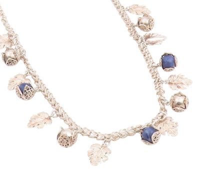 925 Sterling Silver Vintage Necklace Lapis Lazuli Beads Botanical Charm  NE4779