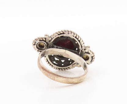 925 Sterling Silver Vintage Ring Twisted Rope Carved Ruby & Pearl Sz 7.5 RG30211