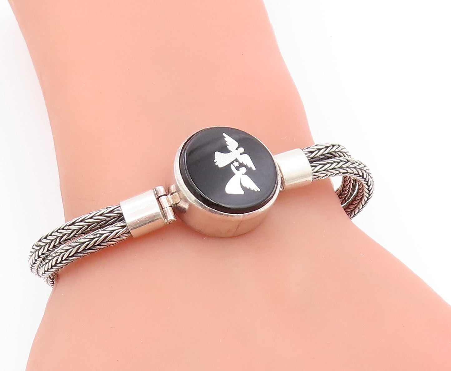 925 Sterling Silver Vintage Bracelet Enameled Flying Angels Roped Band  BT11307