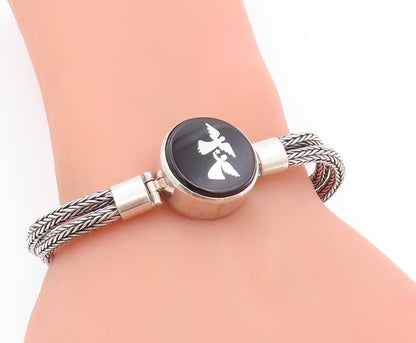 925 Sterling Silver Vintage Bracelet Enameled Flying Angels Roped Band  BT11307