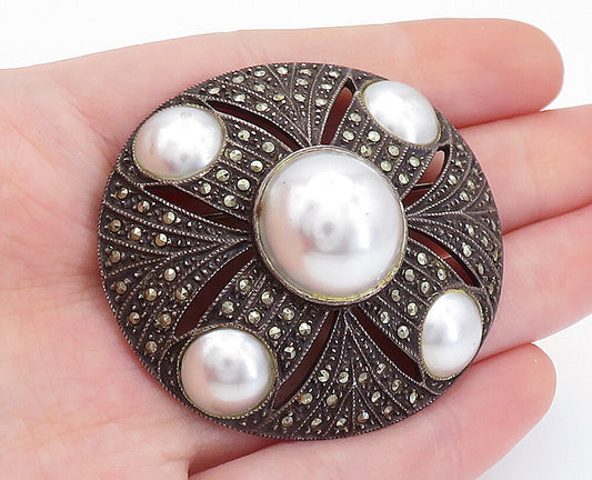 JUDITH JACK 925 Sterling Silver  Vintage Pearls & Marcasite Brooch Pin  BP1916