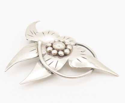 925 Sterling Silver  Vintage Stem Wrapped Etched Flower Brooch Pin  BP10106