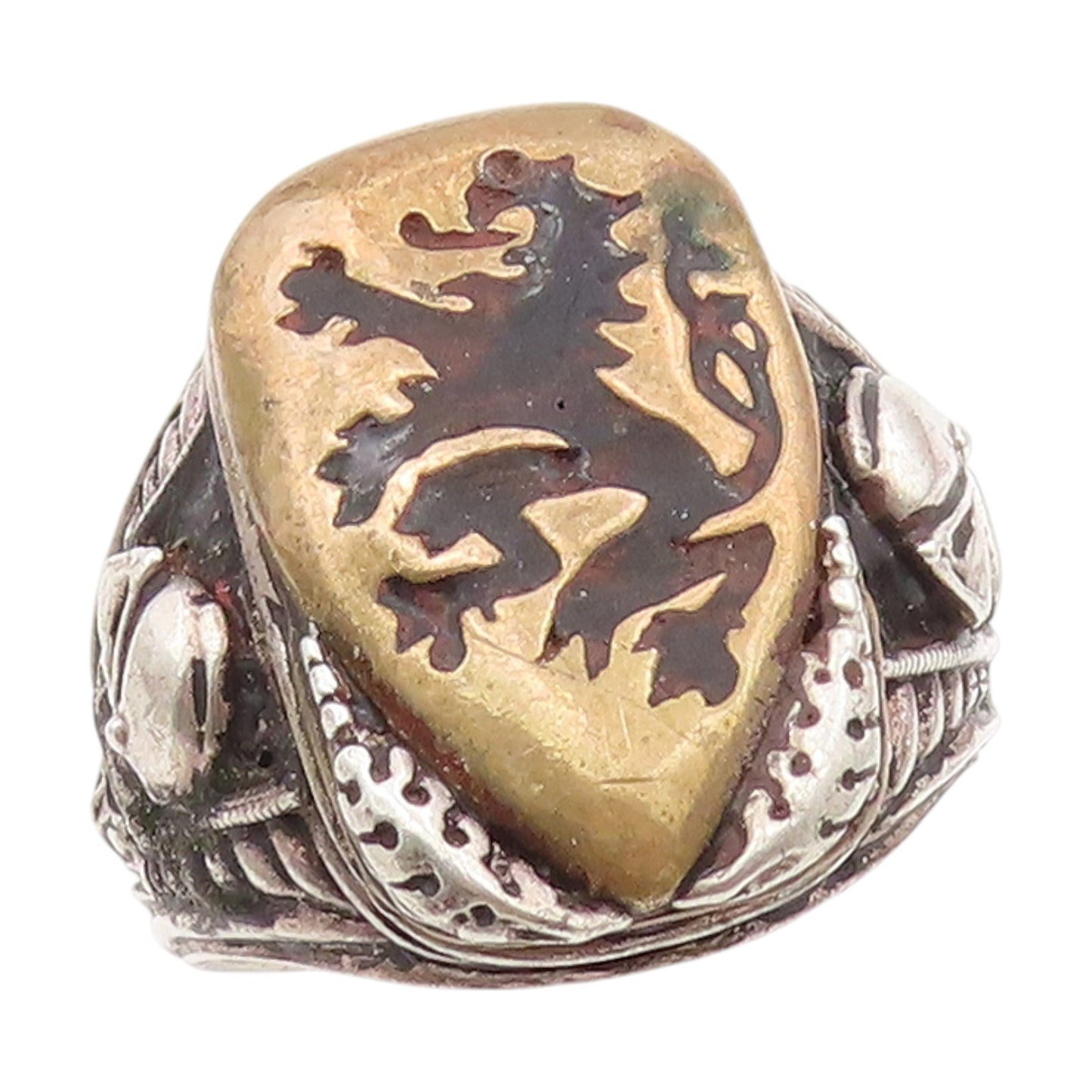 925 Sterling Silver Vintage Ring Heraldic Lion Rampant Shield  Sz 10  RG34402