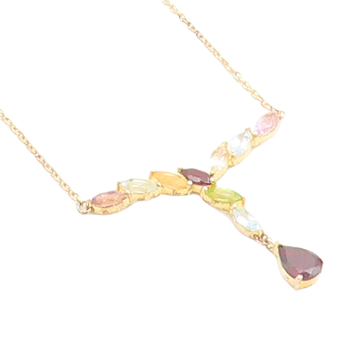 925 Sterling Silver Garnet & Multi Stone Gold Plated Chain Necklace NE1945