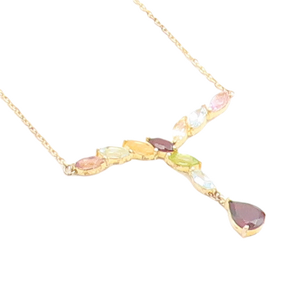 925 Sterling Silver Garnet & Multi Stone Gold Plated Chain Necklace NE1945