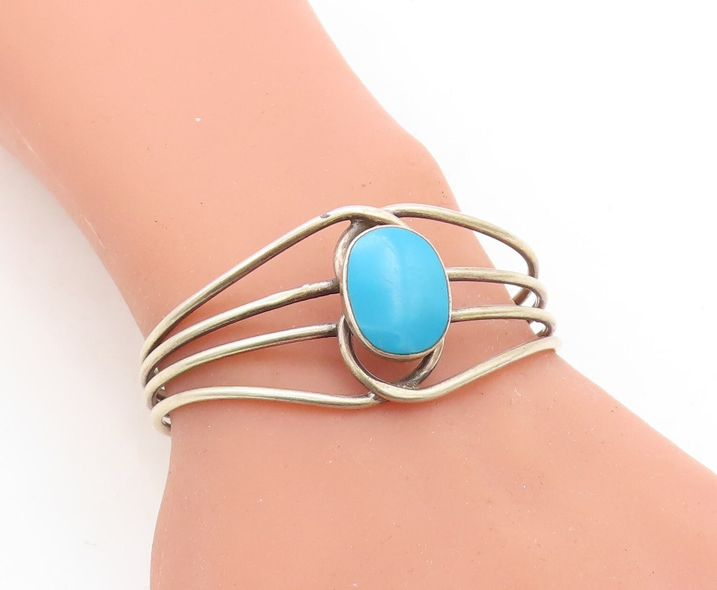 925 Sterling Silver  Vintage Turquoise Split Shank Shiny Cuff Bracelet  BT1687