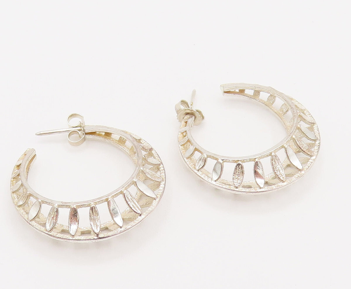 925 Sterling Silver  Vintage Openwork Navette Cutout Hoop Earrings  EG12307