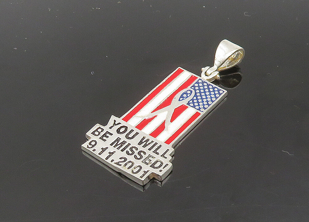 925 Sterling Silver  Vintage Enamel United States Flag Pendant  PT16491