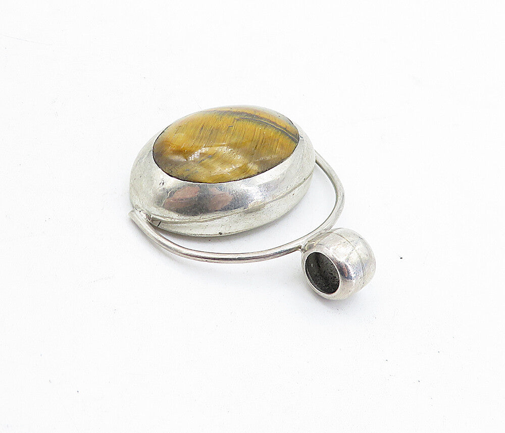 MEXICO 925 Sterling Silver Vintage Tiger's Eye Smooth Oval Pendant PT3468