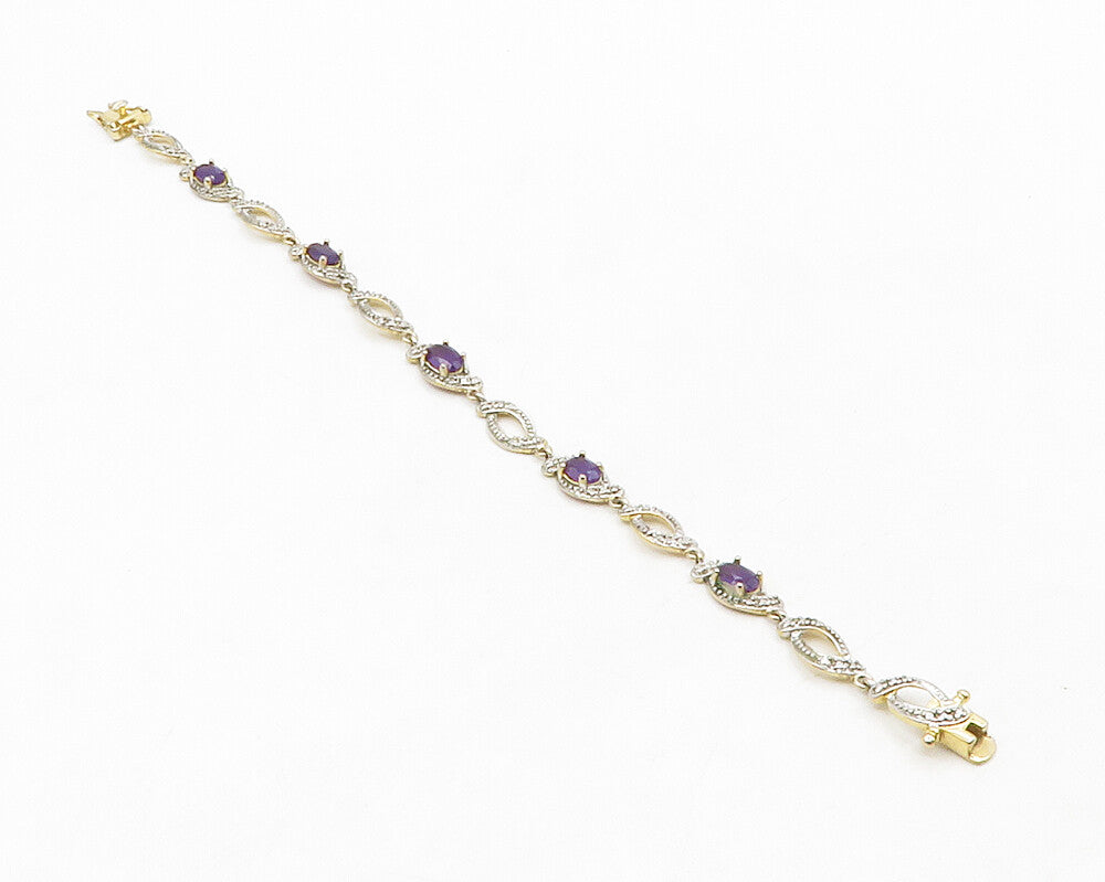 ROSS SIMON 925 Silver Shiny Genuine Diamond & Amethyst Chain Bracelet BT5144