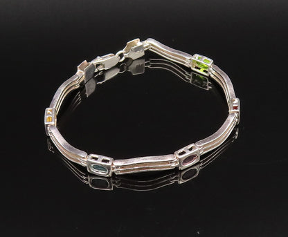 925 Silver  Vintage Peridot Garnet & Gemstones Open Row Link Bracelet  BT9722