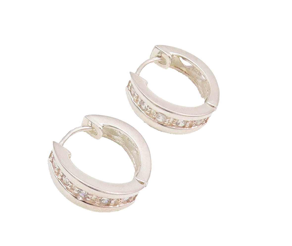 925 Sterling Silver  Vintage Minimalist White CZ Small Hoop Earrings  EG12576