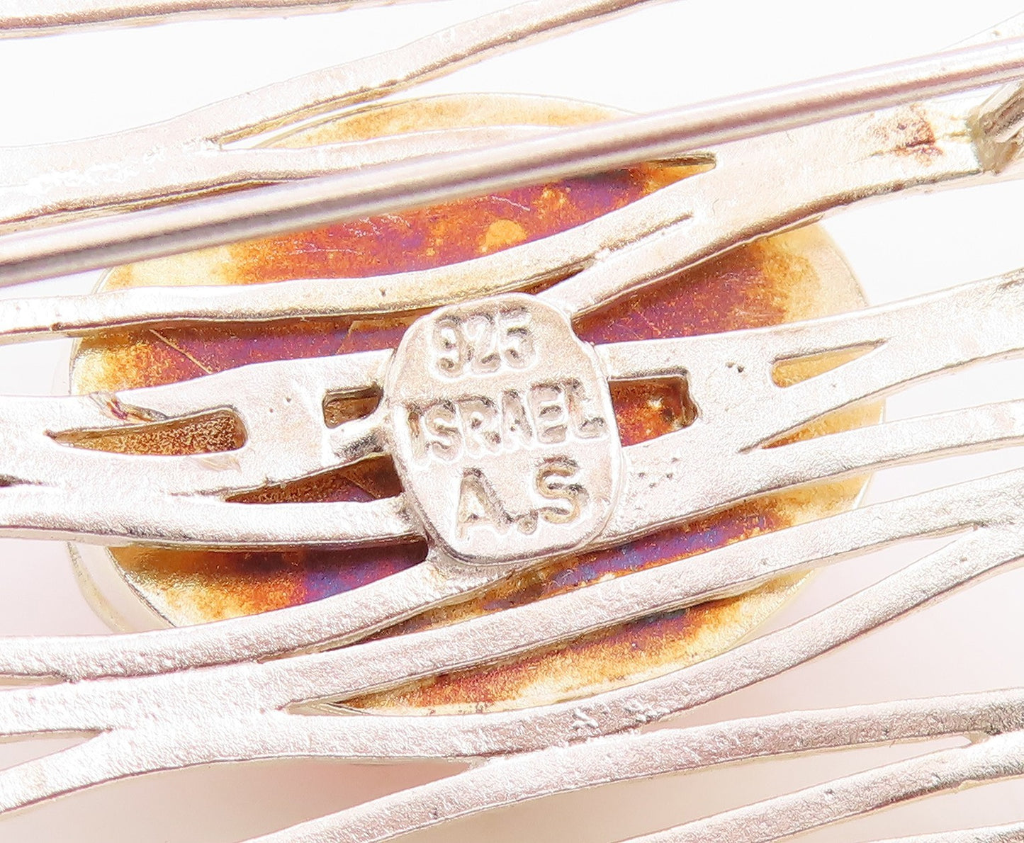 925 Sterling Silver Vintage Brooch ISRAEL Cutout Rectangle Gemstone BP11707