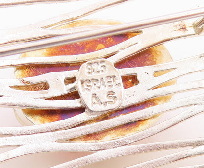 925 Sterling Silver Vintage Brooch ISRAEL Cutout Rectangle Gemstone BP11707
