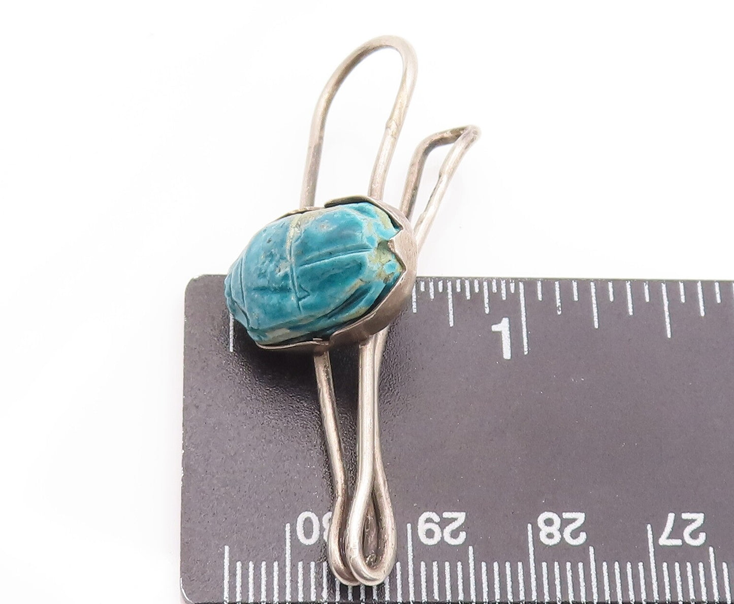 925 Sterling Silver Vintage Tie Clip MIDDLE EAST Turquoise Scarab Carve TR3741