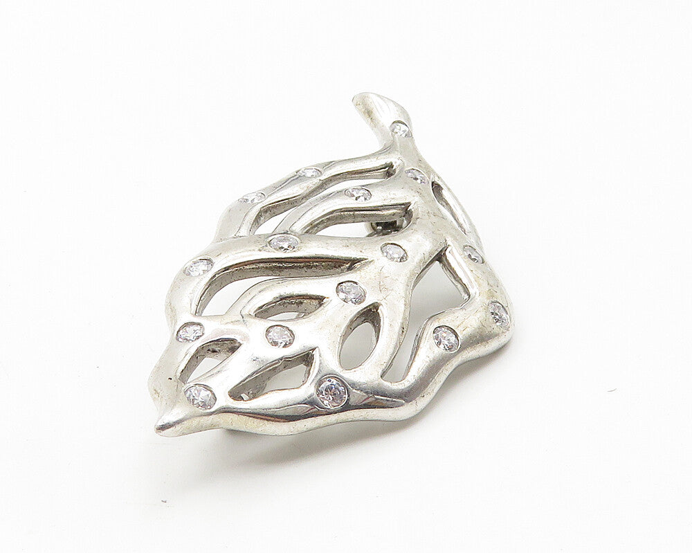 925 Sterling Silver  Vintage Cubic Zirconia Spotted Leaf Brooch Pin  BP4171