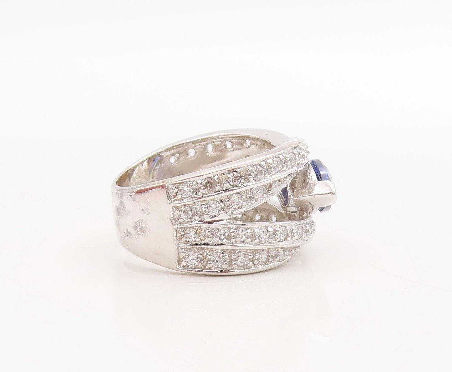 925 Sterling Silver Vintage Ring Marquise Cutout Sapphire & CZ  Sz 7  RG30992