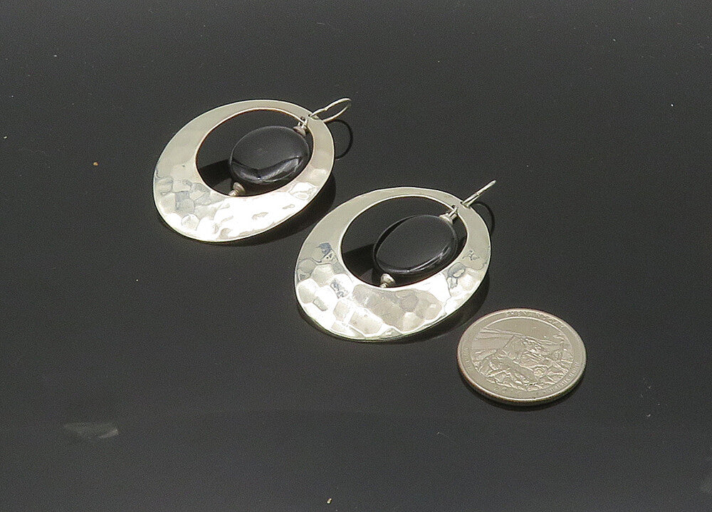 925 Sterling Silver  Vintage Black Onyx Hammered Oval Dangle Earrings  EG10360