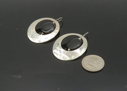 925 Sterling Silver  Vintage Black Onyx Hammered Oval Dangle Earrings  EG10360